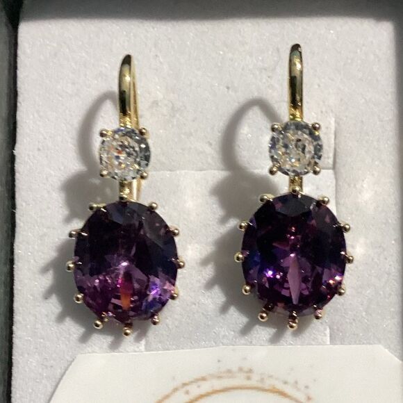 💜Elegant 10k Gold Vermeil Oval Cut Purple Amethyst Cz Diamond Hook Drop Earrings - Picture 16 of 16
